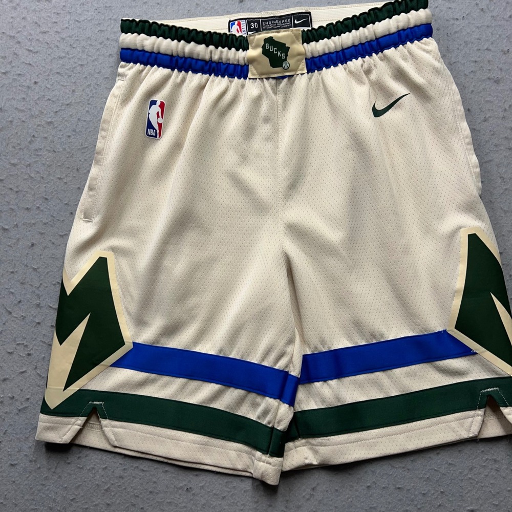 Nike Milwaukee Bucks NBA Authentic Shorts Cream Green Blue Small 30 2093